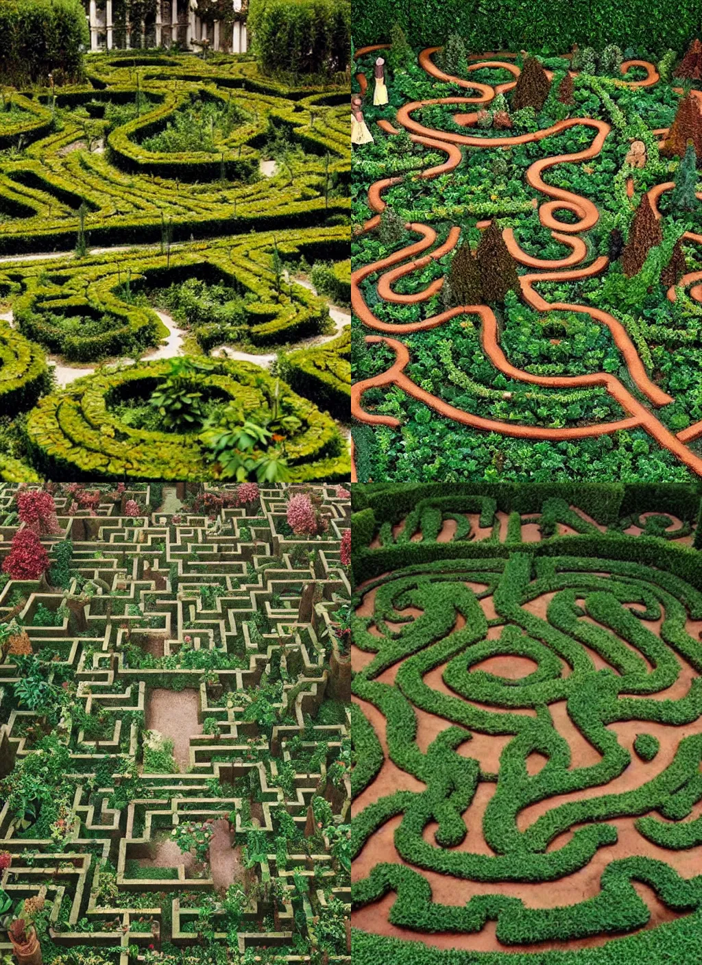 Prompt: An intricate labyrinth garden with plants and trees by Wes Anderson. Detailed. High quality. Symmetry.