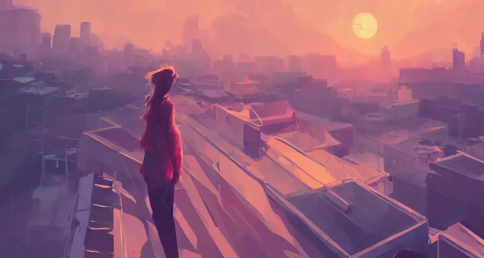 Image similar to Girl on the roof watching the Saturn sunset in the twilight, volumetric lighting, glowing lights, 4k, octane, digital painting, pixiv, by Aenami