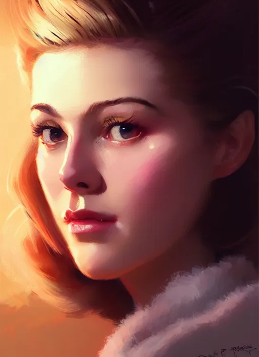 Image similar to portrait of betty cooper with fluffy bangs, bangs, 1 9 6 0 s, ponytail, curly bangs and ponytail, rounder face, intricate, elegant, glowing lights, highly detailed, digital painting, artstation, concept art, smooth, sharp focus, illustration, art by wlop, mars ravelo and greg rutkowski