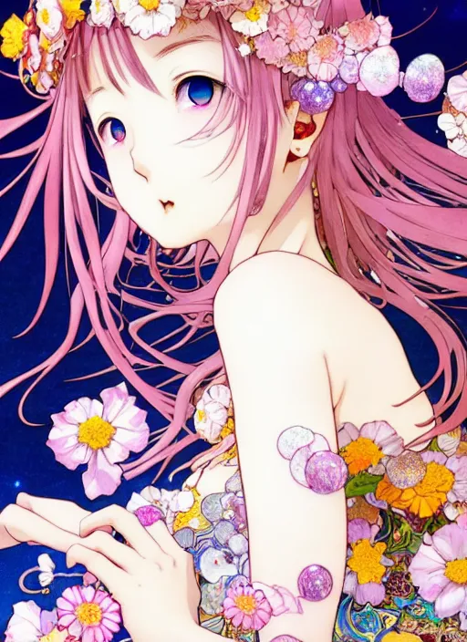 Image similar to exquisite imaginative manga poster art of vamprie girl, flowers, pearlescent, shimmering, reflective, rim light, clear face, detailed background, by kojima ayami, shigenori soejima, minaba hideo, alphonse mucha, dark fantasitic, illustration, artstation, pivix, concept art, highly detailed, colorful, maximalist