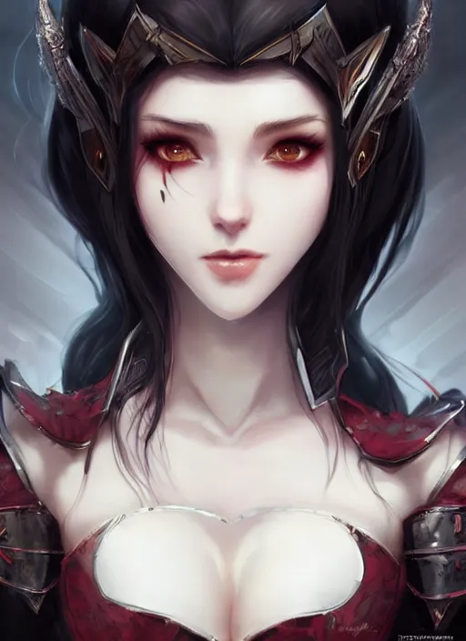 Image similar to full plate armor!!! beautiful and elegant dark hair female vampire!! gorgeous ayes!! character concept art, sharp focus, octane render! unreal engine 5! highly rendered!! trending on artstation!! detailed linework!! illustration by artgerm, wlop, and chie yoshii