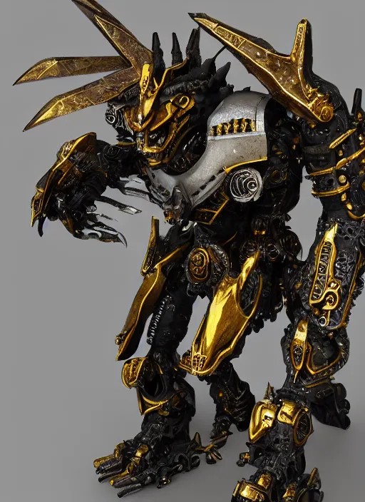 Image similar to hyper realistic glorious ancient wargreymon in a obsidian metal armor, futuristic design, designed by makoto kobayashi and luca zampriolo, portrait, cyberpunk style, wood and gold details, intricate, extremely detailed, ornate, deep of field, hard surface, exoskeleton, substance designer metal unreal engine. amazing likeness. very detailed.