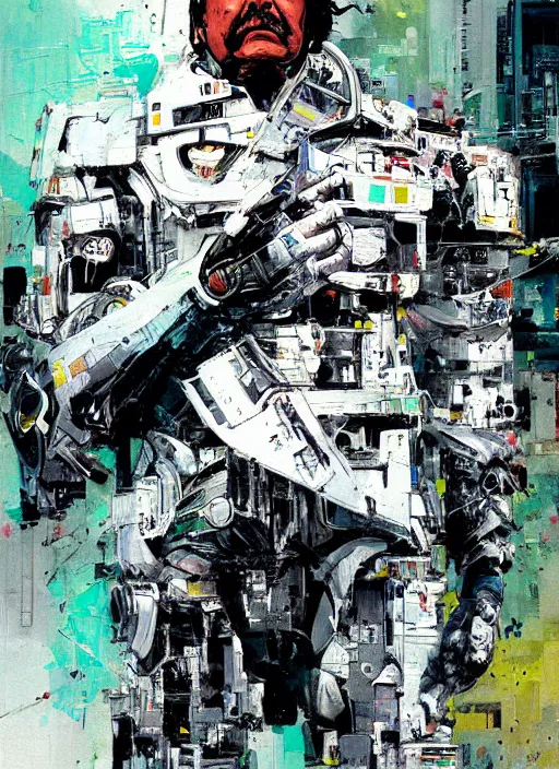 Image similar to cyborg pinochet painting by john berkey and yoji shinkawa