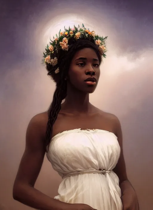 Image similar to oil painting close up portrait of a contemplative young black woman with long flowing hair in a white dress, wearing a crown of white roses!! at sunset, hazy, digital art, chiaroscuro, artstation, cinematic, golden hour, digital art painting by greg rutkowski, william - adolphe bouguereau, hazy atmosphere, cinematic lighting, flowers