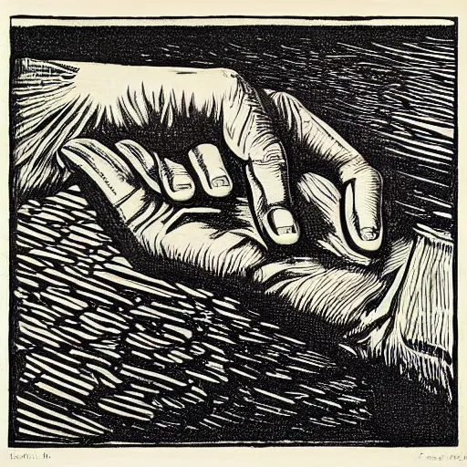 Prompt: a detailed woodcut print of hand, expressionism genre, by escher