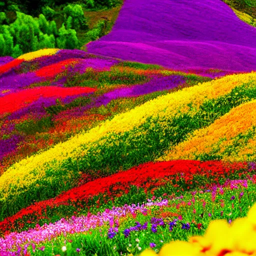 Image similar to a hill with flowers, colors red, yellow, purple, Photoshot, realistic