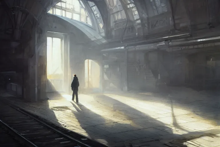 Image similar to deserted subway, sun light streaming in from top windows, one person stands waiting for the steam train, highly detailed, digital painting, artstation, concept art, smooth, sharp focus, illustration, art by greg rutkowski