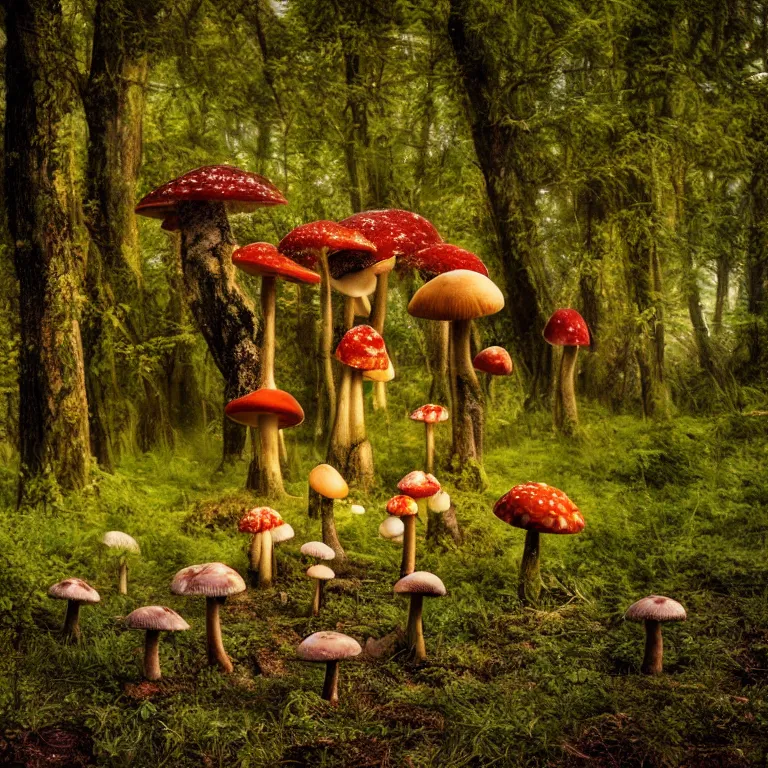 Image similar to a planet of various fungus like trees, mushrooms, flowers and plants, artistic photography, conceptual, long exposure outside the city, volumetric light