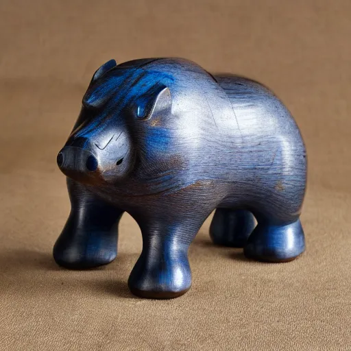 Image similar to wood block small hippo statue, wood blocks bottom hippo body, blue chrome top hippo body, by a genius craftsman, highly detailed