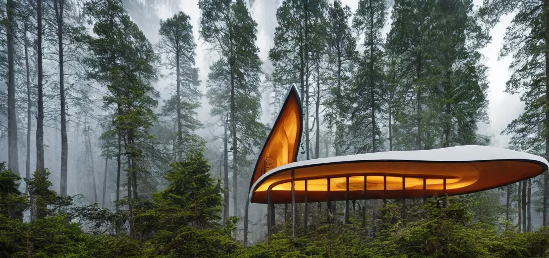 Prompt: curved roof planes lift and descend creating shade and architectural expression, highly detailed, situated in the forest, next to a fjord, marble, vivid color, high resolution photography, mist, luxury