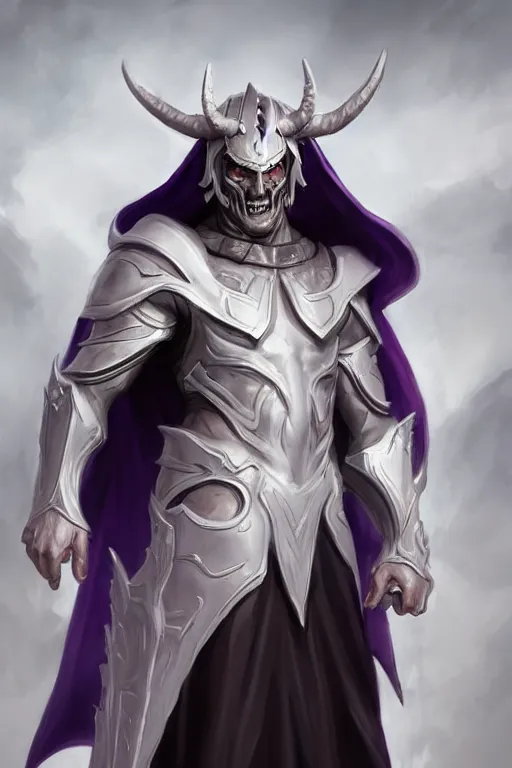 Image similar to human male demon, full body white purple cloak, hero, heavy scale armor, character concept art, costume design, black eyes, white horns, trending on artstation, Artgerm , WLOP