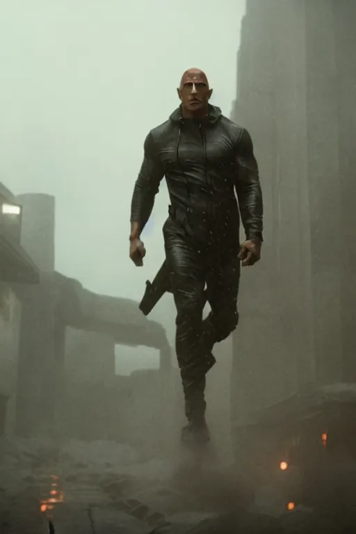 Image similar to An epic cinematic film still of Dwayne Johnson in the movie Blade Runner: 2049.