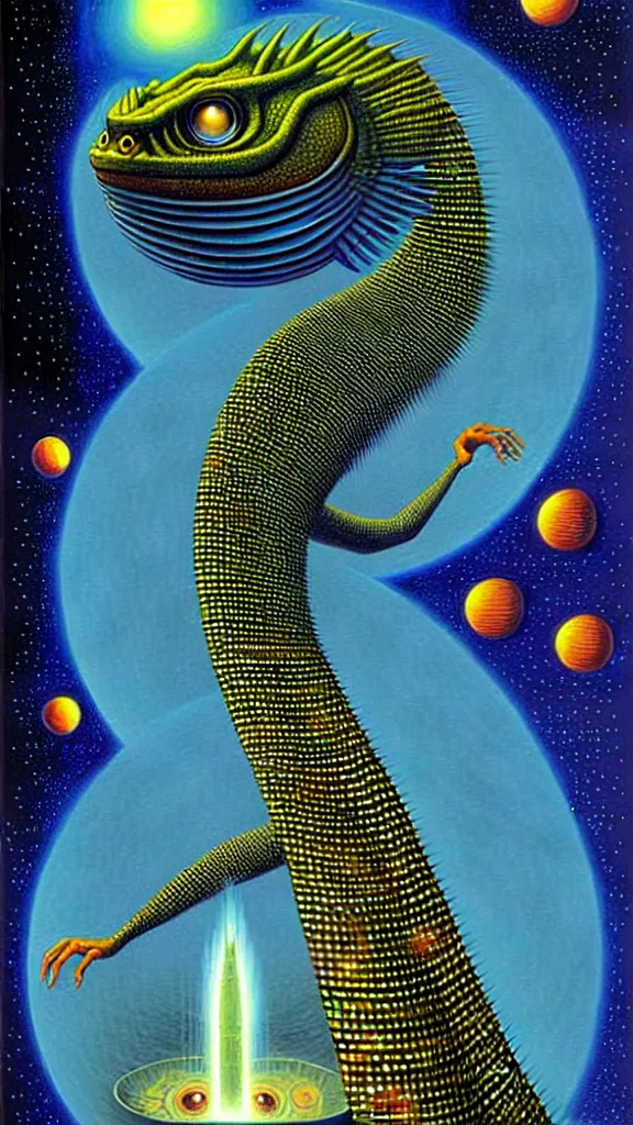 Image similar to a scifi illustration, roko's basilisk comes online by rafal olbinski