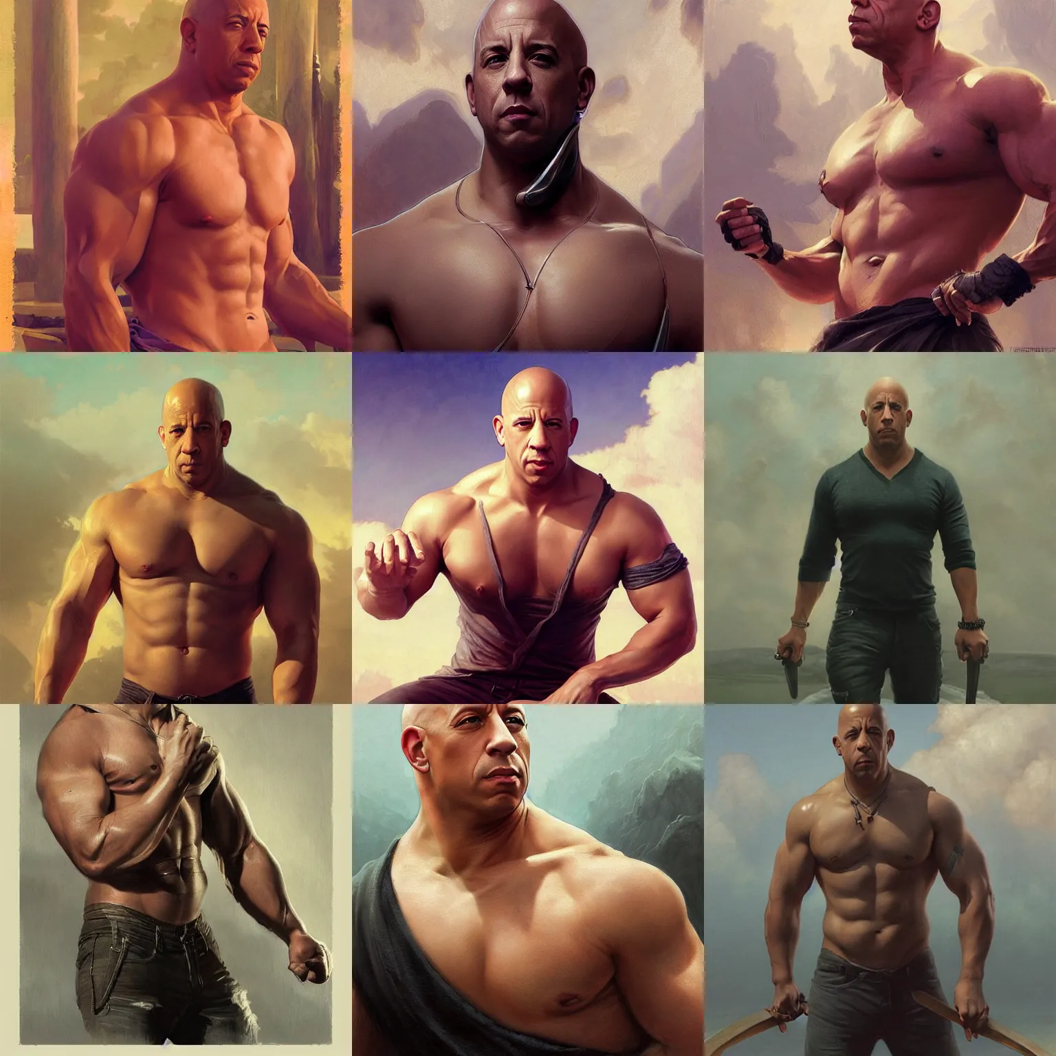 Prompt: vin diesel, tight croptop, highly detailed, digital painting, matte, sharp focus, art by artgerm, greg rutkowski, alphonse mucha, frank frzetta, boris vallejo, bouguereau, beksinski, cinematic