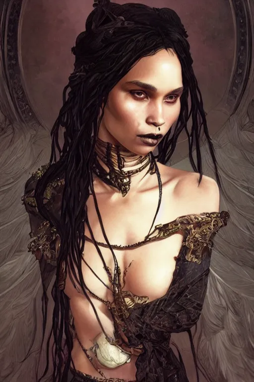 Prompt: ultra realistic illustration, zoe kravitz as the gothic vampire queen, intricate, elegant, highly detailed, digital painting, artstation, concept art, smooth, sharp focus, illustration, art by artgerm and greg rutkowski and alphonse mucha