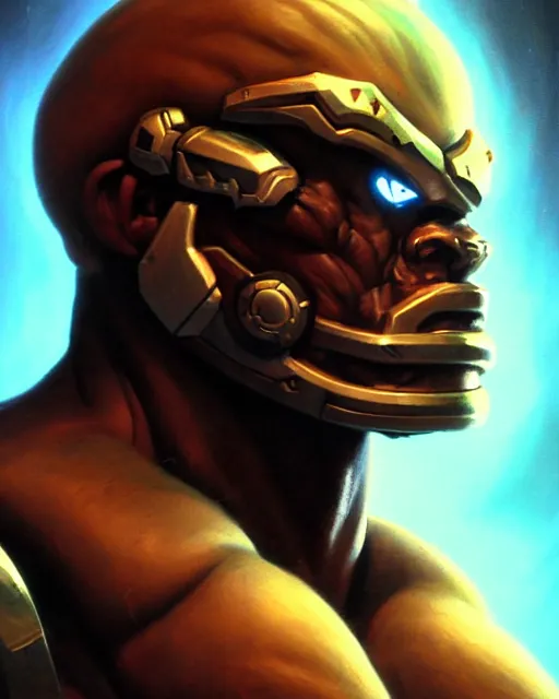 Image similar to doomfist from overwatch, fantasy, fantasy art, character portrait, portrait, close up, highly detailed, intricate detail, amazing detail, sharp focus, vintage fantasy art, vintage sci - fi art, radiant light, caustics, by boris vallejo