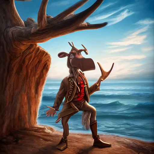 Image similar to anthropomorphic moose pirate humanoid by mike winklemann, pirate ship, sea, fantasy