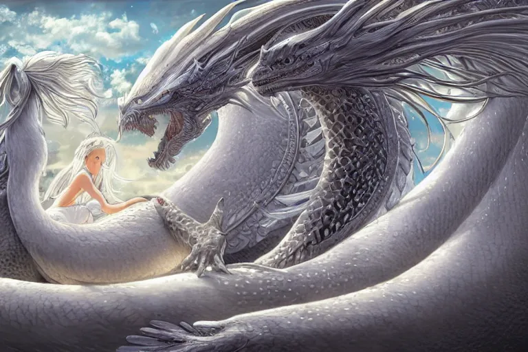 Image similar to a hyper detailed big render of princess lie on the ground be surrounded snuggle by a huge silver white dragon, in the white clouds fairyland center, finely detailed angelic face, style of studio ghibli, makoto shinkai, xision, ilya kuvshinov and artgerm, kazuki tanahashi, james jean, animation, golden curve composition, telephoto lens