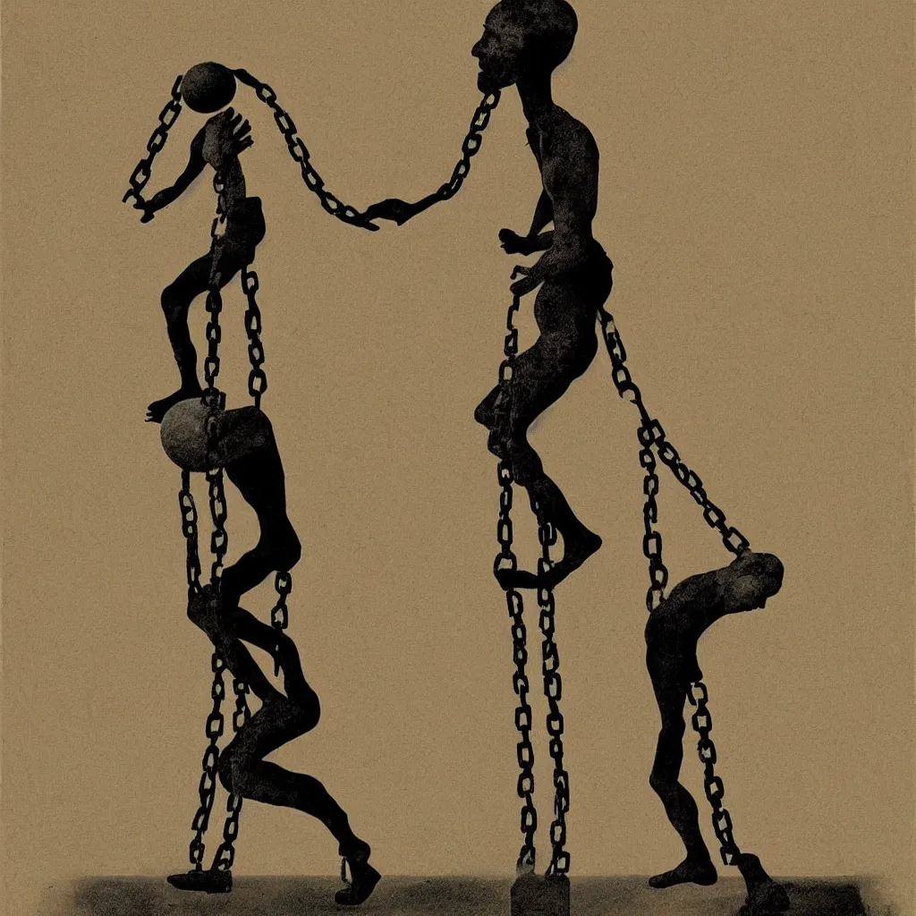 Prompt: a standing man whose head is a heavy ball and chains. artwork, surrealist, metaphysical, metaphorical, ephemeral, atmospheric, symbolic art.