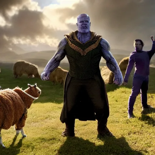 Prompt: Thanos as Frodo Baggins, photobomb by an alpaca, heavily upvoted, the shire, short person, the ring, lord of the rings