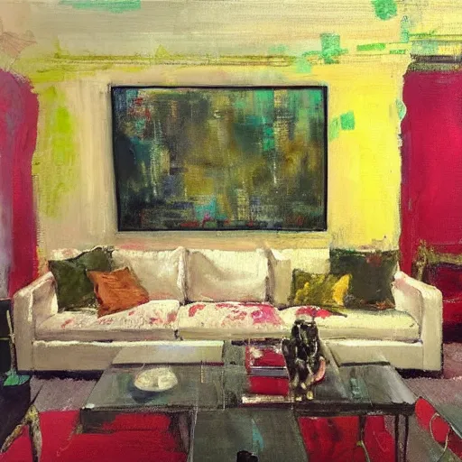 Image similar to a modern living room with green sofa, red carpet and yellow table, painting by jeremy mann