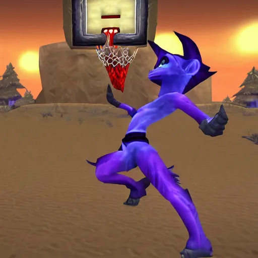 Prompt: World of warcraft night elf dunking from the freethrow line