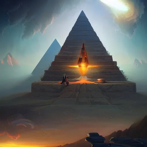 Image similar to ultradetailed pyramid structure emitting an energy beam into the atmosphere to terraform planet by peter mohrbacher and emmanuel shiu and martin johnson heade and bastien lecouffe - deharme