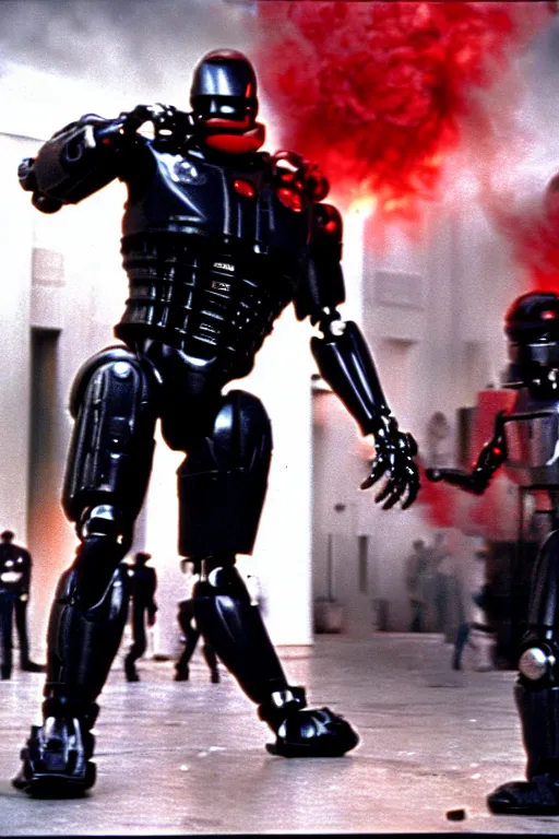 Prompt: Robocop at the Capitol Riot, red mist and bone, film photo, highly detailed