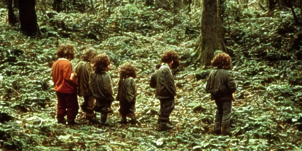 Prompt: A full color still from a Stanley Kubrick film featuring four hobbits, from behind, in a dark forest, 35mm, 1975