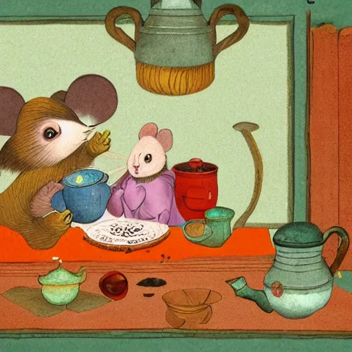 Image similar to russian mouse drinks tea from samovar with her little children, children book illustration, 9 k