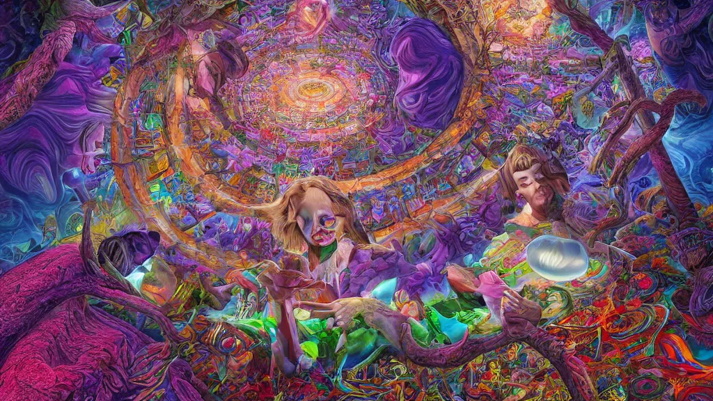 Prompt: alice in wonderland dmt tripping, sacred geometry by alex grey android jones and greg rutkowskivery coherent, hyper realism, high detail, vivid colors, octane render, unreal engine, 8 k, smooth gradients, high contrast, depth of field by jacek yerka