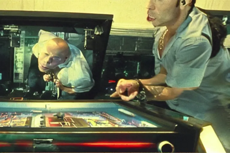 Image similar to pitbull playing a pitbull pinball machine, over the shoulder perspective, in 1 9 8 5, y 2 k cybercore, industrial low - light photography, still from a kiyoshi kurosawa movie