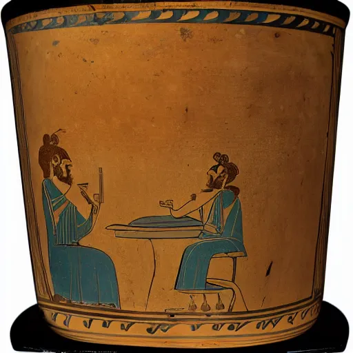 Prompt: photo of an anceint greek vase depicting a man playing games on his computer with his back hunched, 4 k, award winning photograph, ancient greek vase, museum photograph, highly detailed