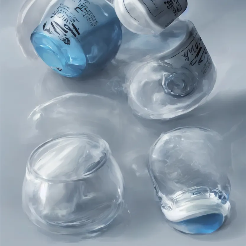 Prompt: concept art of a healthy and natural white liquid dietary supplement in a round transparent bottle with black sticker on it, by aenaluck, artgerm and roberto ferri and greg rutkowski, light blue and white tones, digital painting, artstation, concept art, smooth, sharp foccus ilustration hq