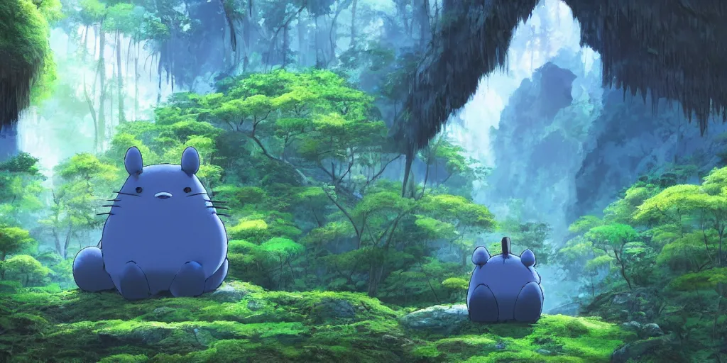 Image similar to blue bear shaped like totoro looking into large cave entrance in a lush forest with waterfalls, beautiful ambiance, studio ghibli style, by hayao miyazaki, sharp focus, highly detailed, 4k