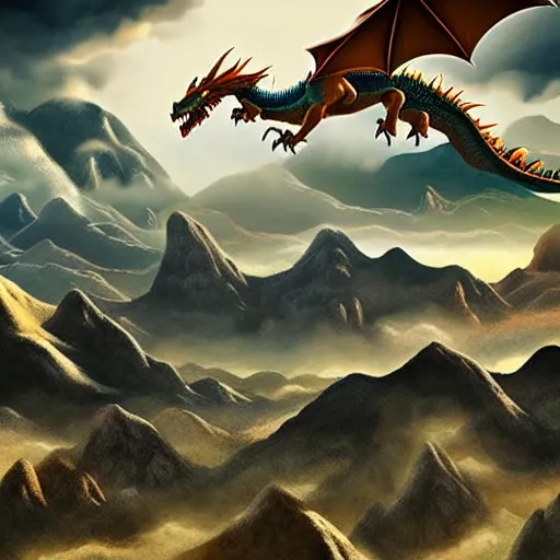 Image similar to a vast landscape of mountains and sky with a group of hyper detailed dragons flying through the sky photorealistic