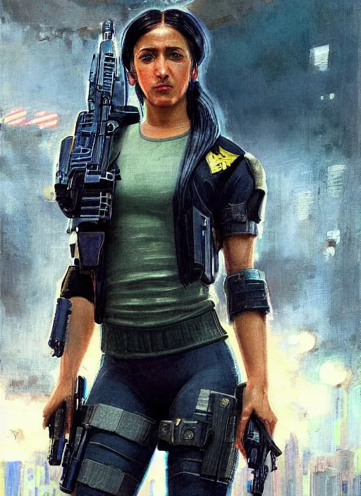 Prompt: Sgt. Maria Hernandez. cyberpunk female USN marine wearing a military vest and powerful military cyberpunk exo-suit (cyberpunk 2077, bladerunner 2049). gorgeous face. Iranian orientalist portrait by john william waterhouse and Edwin Longsden Long and Theodore Ralli and Nasreddine Dinet, oil on canvas. Cinematic, hyper realism, realistic proportions, dramatic lighting, high detail 4k