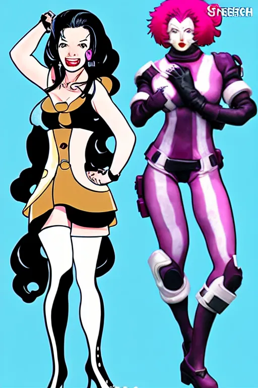 Image similar to fran drescher as screamstress, character design concept for overwatch and my hero academia, illustration in the style of hirohiko araki and shoji kawamori.