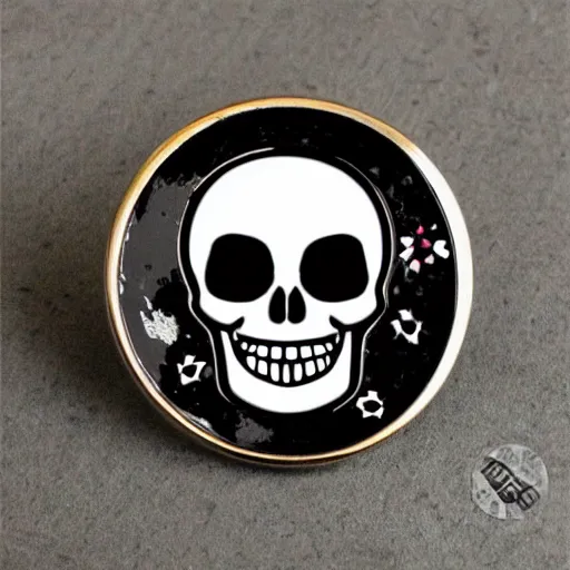 Prompt: a highly detailed retro minimalistic smiling happy skull warning label enamel pin, black and white colors only