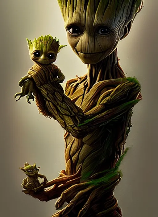 Image similar to very detailed masterpiece painting of groot holding yoda, portrait, artstation, concept art by greg rutkowski