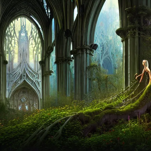 Prompt: a beautiful and highly detailed matte painting of a beautiful elven cathedral in a magical celtic forest, otherworldly trees and plants and flowers, celtic vegetation, epic scale, insanely complex, hyperdetailed, sharp focus, hyperrealism, artstation, cgsociety, 8 k, bright colors, by caspar friedrich, albert bierstadt, james gurney, brian froud,