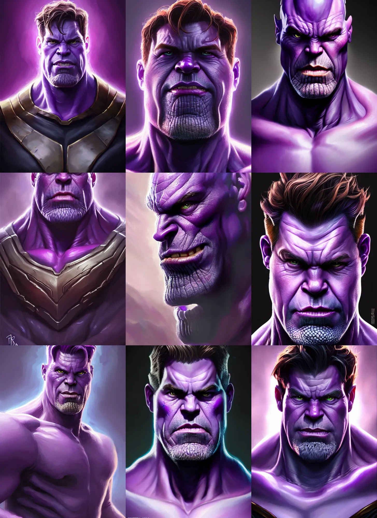 Prompt: a fantasy style portrait painting a character if bruce banner and thanos had a son, purple skin, powerful chin, thanos style traits, painting, unreal 5, daz., rpg, portrait, extremely detailed, artgerm greg rutkowski _ greg