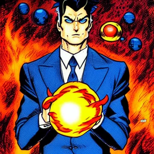 Image similar to a man in a blue suit standing in front of a fire ball, a comic book panel by jim lee, featured on deviantart, rayonism, dc comics, apocalypse art, parallax