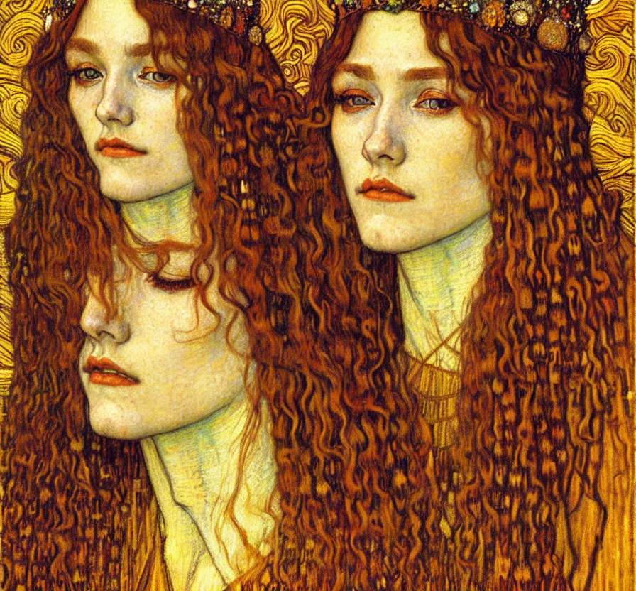 Image similar to detailed realistic beautiful young medieval queen face portrait by jean delville, gustav klimt and vincent van gogh, art nouveau, symbolist, visionary, gothic, pre - raphaelite, muted earthy colors, desaturated