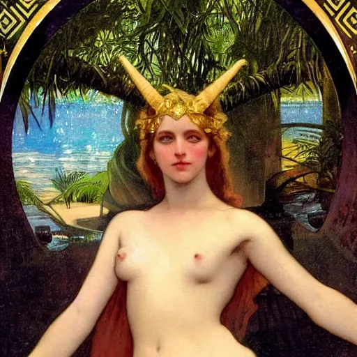 Image similar to Demon Girl at the palace, refracted sparkles, thunderstorm, greek pool, beach and Tropical vegetation on the background major arcana sky, by paul delaroche, alphonse mucha and arnold böcklin, hyperrealistic 8k, award-winning, very very very detailed