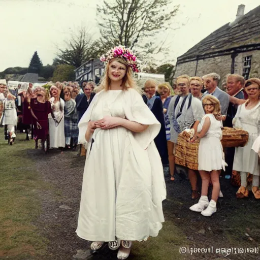 Prompt: a very beautiful young blonde woman dressed in a white christening gown and wearing a floral crown at the festival of the wicker man in a small scottish village, photoreal, kodachrome film