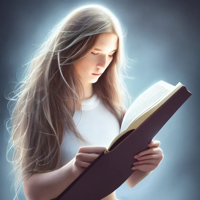 Image similar to a girl reading a book, her hair flowing down, highly detailed, 4 k, hdr, smooth, sharp focus, high resolution, award - winning photo, artgerm, photorealistic