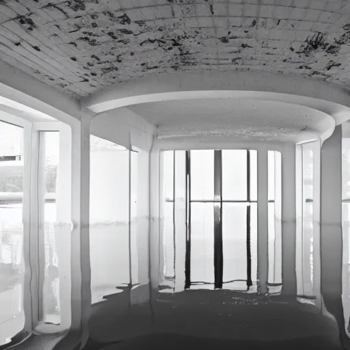 Image similar to interior of a flooded building, all white, minimalistic architecture, rounded ceiling, arched doorway, dim lights, liminal space,