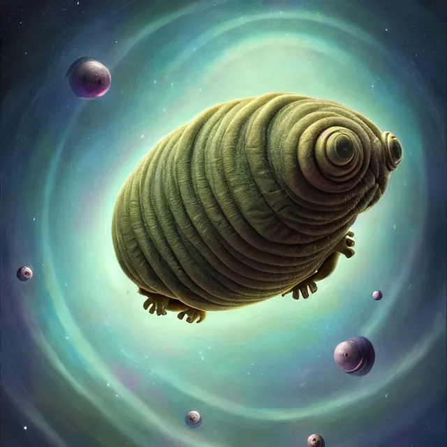 Prompt: a highly detailed tardigrade, it has a beautiful unconventional face, floating through deep space, elegant, hyperrealistic, digital painting, artstation, realism, concept art, pop, smooth, mythological, sharp focus, qualia, illustration, art by mark ryden 3 d 8 k ultra detailed