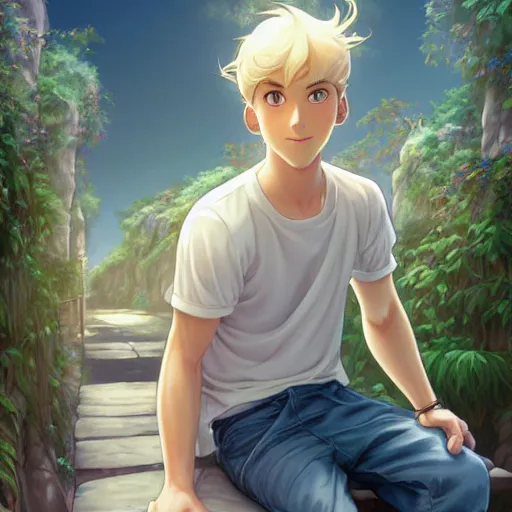 Prompt: young man with short, ash blond greyish hair, light brown eyes, casual clothes, hanging out on a bed, path traced, highly detailed, high quality, digital painting, by don bluth and ross tran and studio ghibli and alphonse mucha, sylvain sarrailh